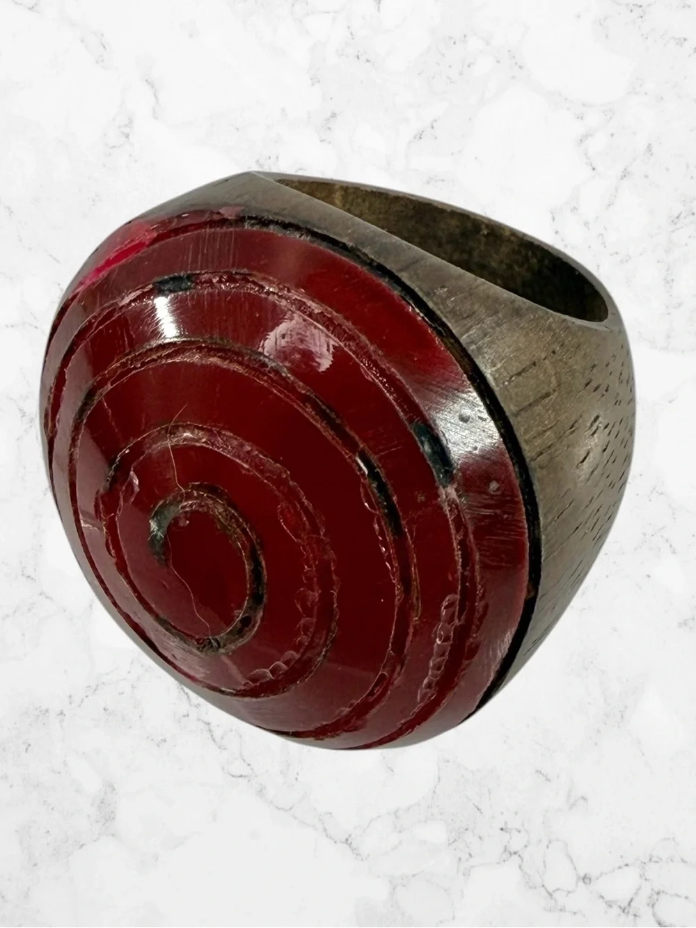 Unique Hand Carved Wood Red Burgundy Lacquered Spiral Chunky Boho Ring Bullseye